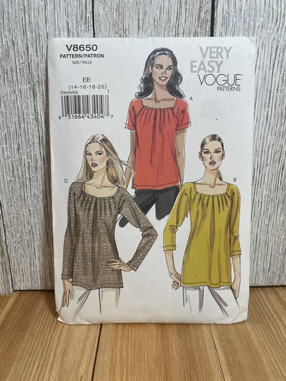 Very Easy Very Vogue V8650 Pleated Front Square Neck Blouse with Two Sleeve Lengths Pattern Size 14-20 UNCUT FF