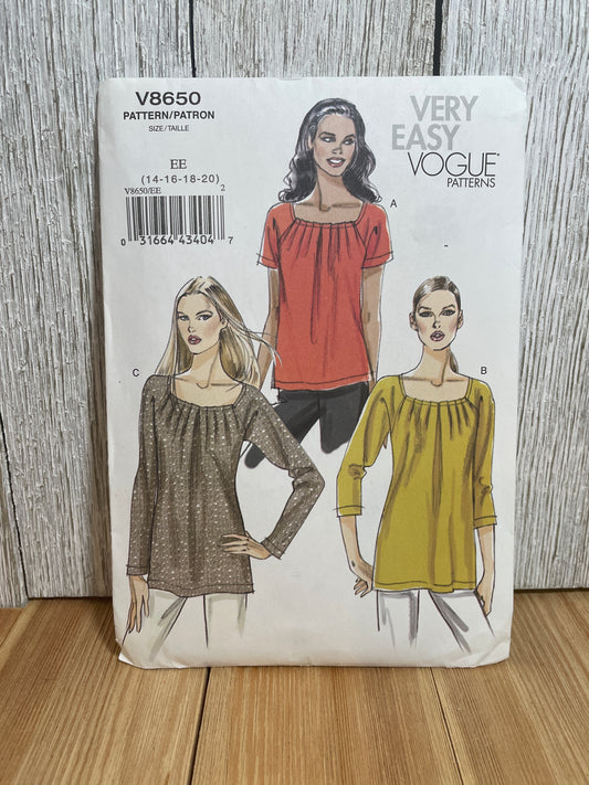 Very Easy Very Vogue V8650 Pleated Front Square Neck Blouse with Two Sleeve Lengths Pattern Size 14-20 UNCUT FF