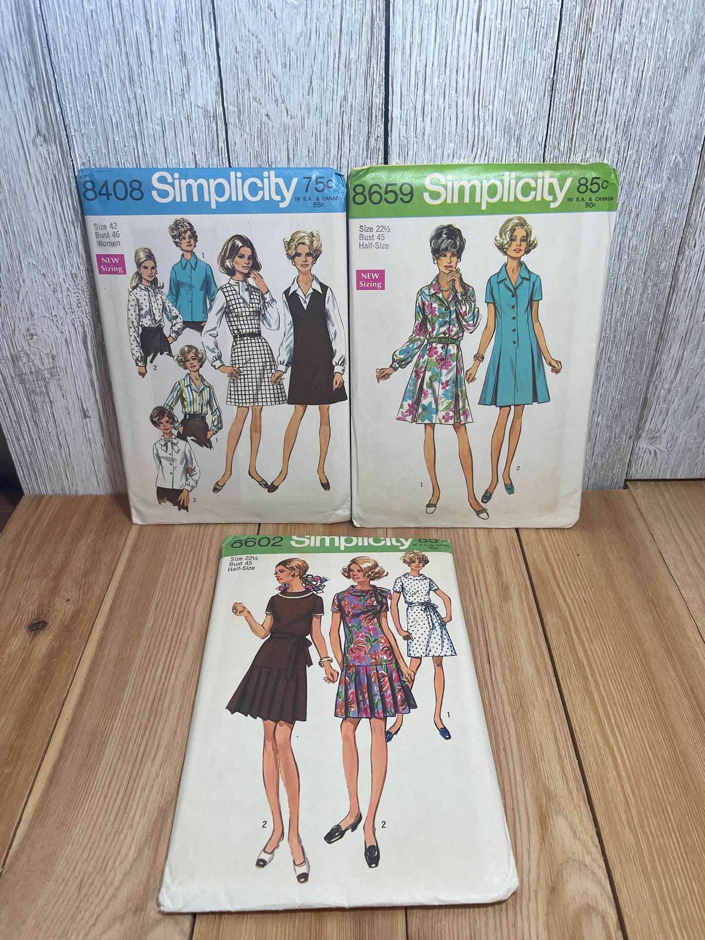 Vintage Ephemera Simplicity Plus Size 3 Pattern Bundle 8408 8659 8602 and Original Shipping Envelope Sizes 22.5/42 UNCUT FF