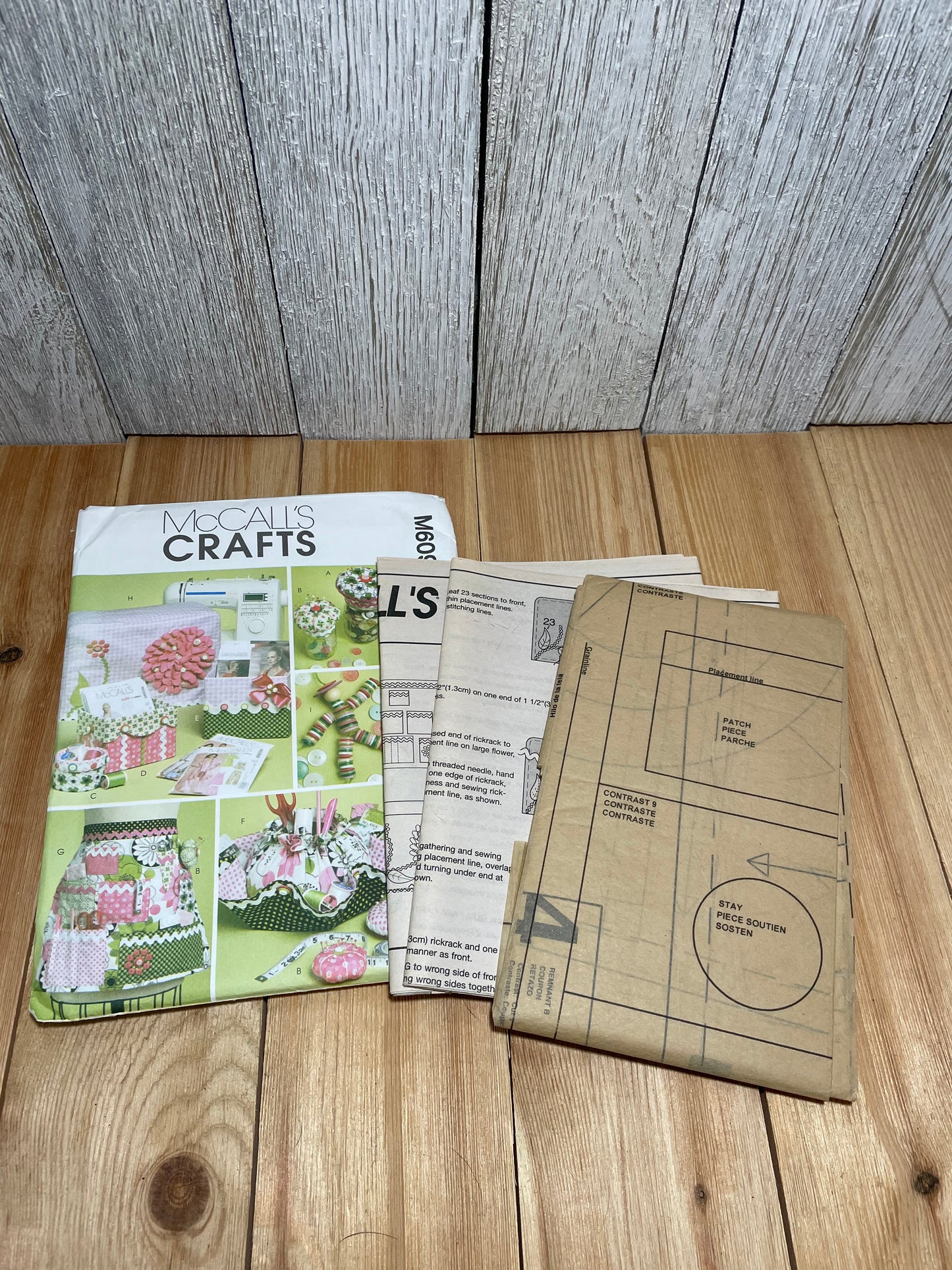 McCalls Crafts M6095 Sewing Machine Cover, Apron, Pattern Boxes, Container, Organizer, Pin Cushion, and Button Doll Pattern UNCUT FF