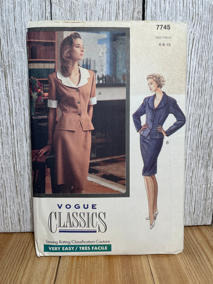 Vogue Classics 7745 Scalloped Collar Two Piece Suit Fitted Blouse and Skirt Size 6-10 Pattern UNCUT FF