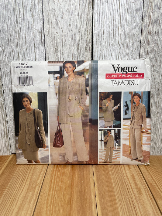 Vogue 1437 Career Wardrobe 3 Piece Suit Button Up Cardigan, Jacket, Pants Size 20-24 Pattern UNCUT FF