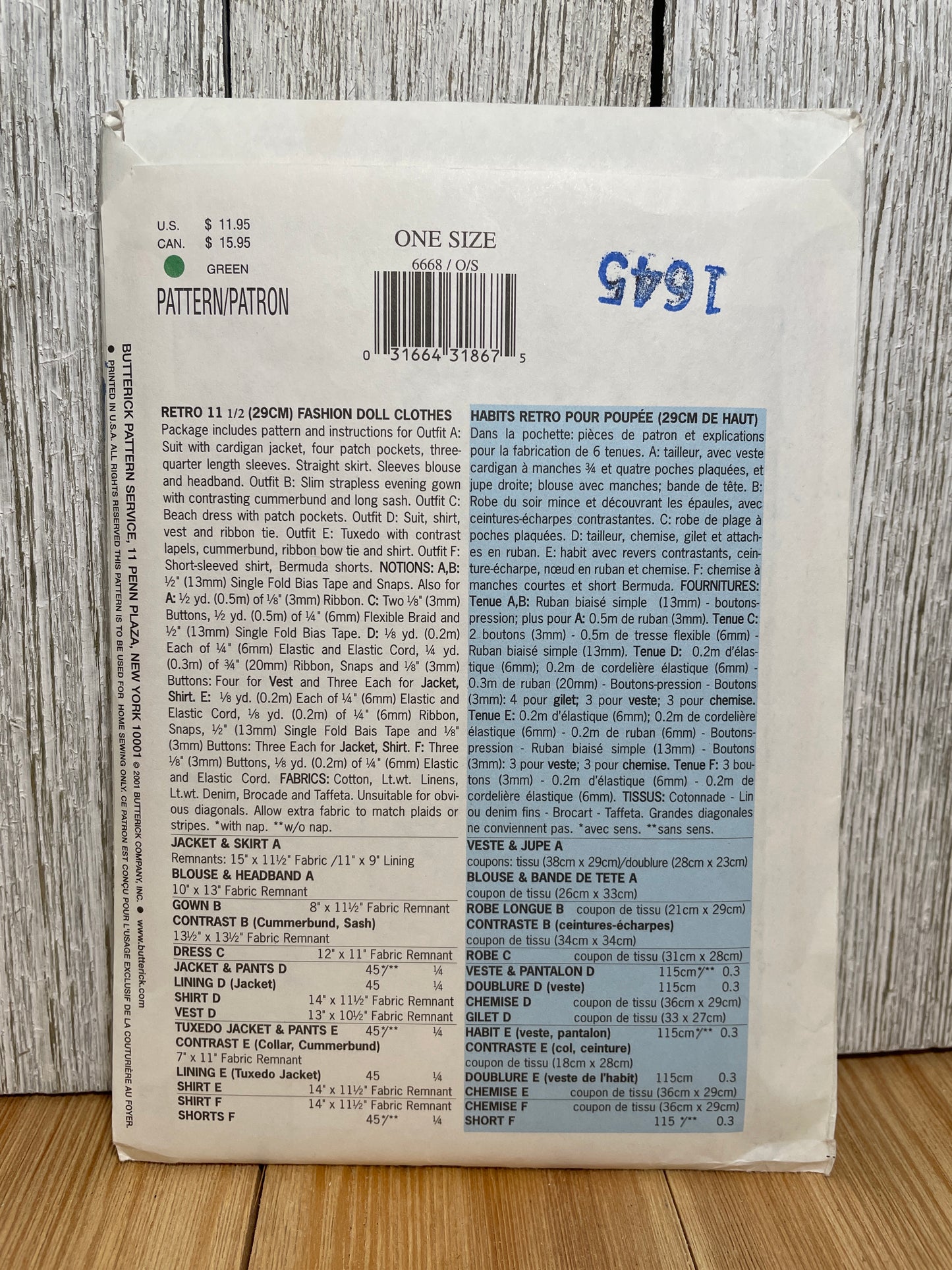 Butterick 6668 11.5" Doll Dress Suit Vintage 40's Fashion Doll Wardrobe Pattern UNCUT FF