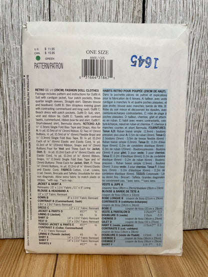 Butterick 6668 11.5" Doll Dress Suit Vintage 40's Fashion Doll Wardrobe Pattern UNCUT FF