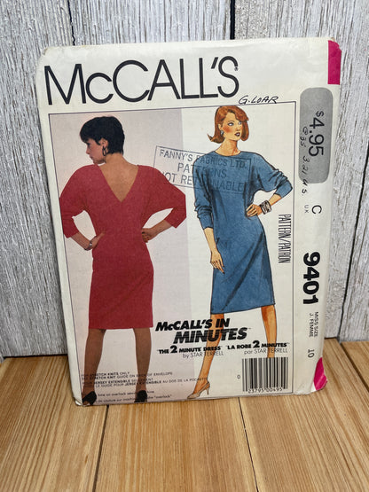 McCall's 9401 Misses Strech Knit Dress Deep V Line Back Size 10 Uncut FF Sewing Pattern