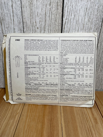 McCall's 2492 Jumpsuit with Pockets and Belt Size 8 Pattern Uncut FF