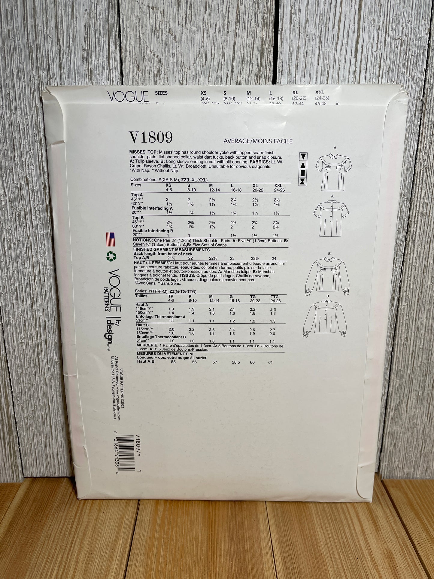 Vogue V1809 Round Shoulder Yoke Blouse Long and Short Sleeve Size 4-14 Pattern UNCUT FF