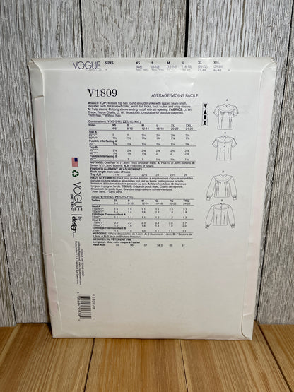 Vogue V1809 Round Shoulder Yoke Blouse Long and Short Sleeve Size 4-14 Pattern UNCUT FF