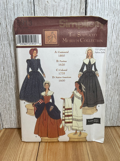 Simplicity 5913 Museum Collection for Dolls 1600-1860s era Pattern Costume 11.5" Doll UNCUT FF