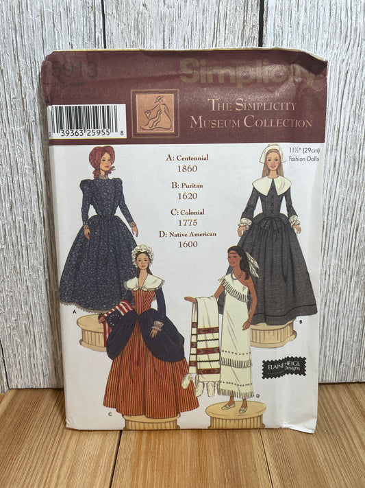 Simplicity 5913 Museum Collection for Dolls 1600-1860s era Pattern Costume 11.5" Doll UNCUT FF