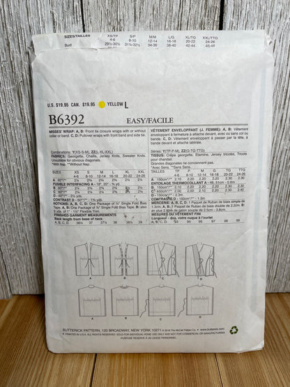 Butterick B6392 Misses Wrap in 4 Styles Size XSM-MED Pattern Uncut FF