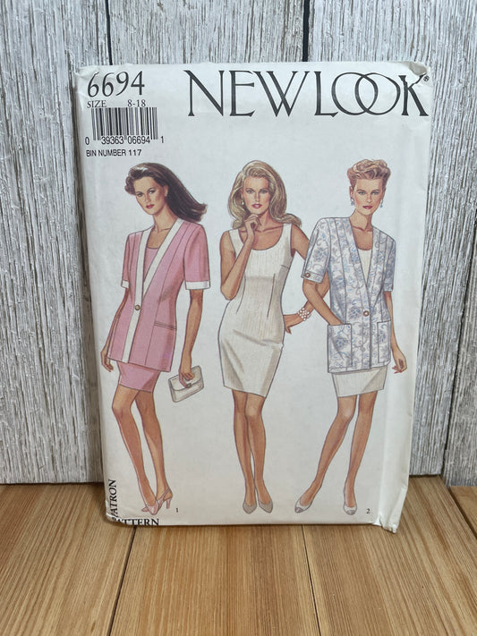 New Look 6694 Pleated Pencil Scoop Neck Dress Long Jacket with Pockets Pattern Size 8-18 UNCUT FF