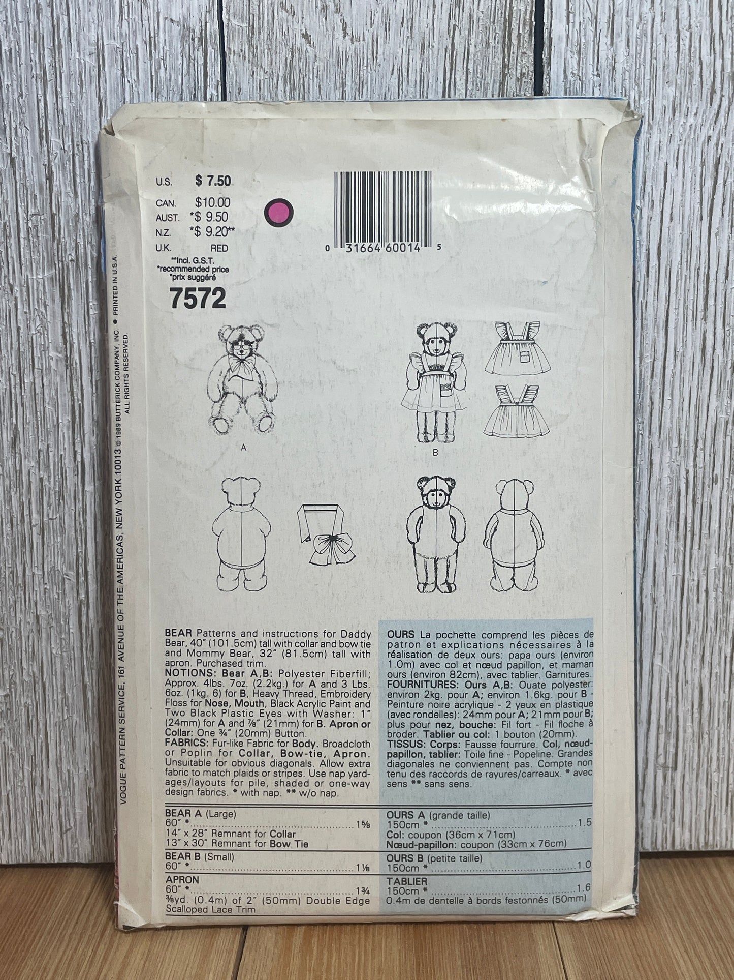 Vogue Craft 7572 Teddy Bear in two Sizes with Apron Pattern UNCUT FF