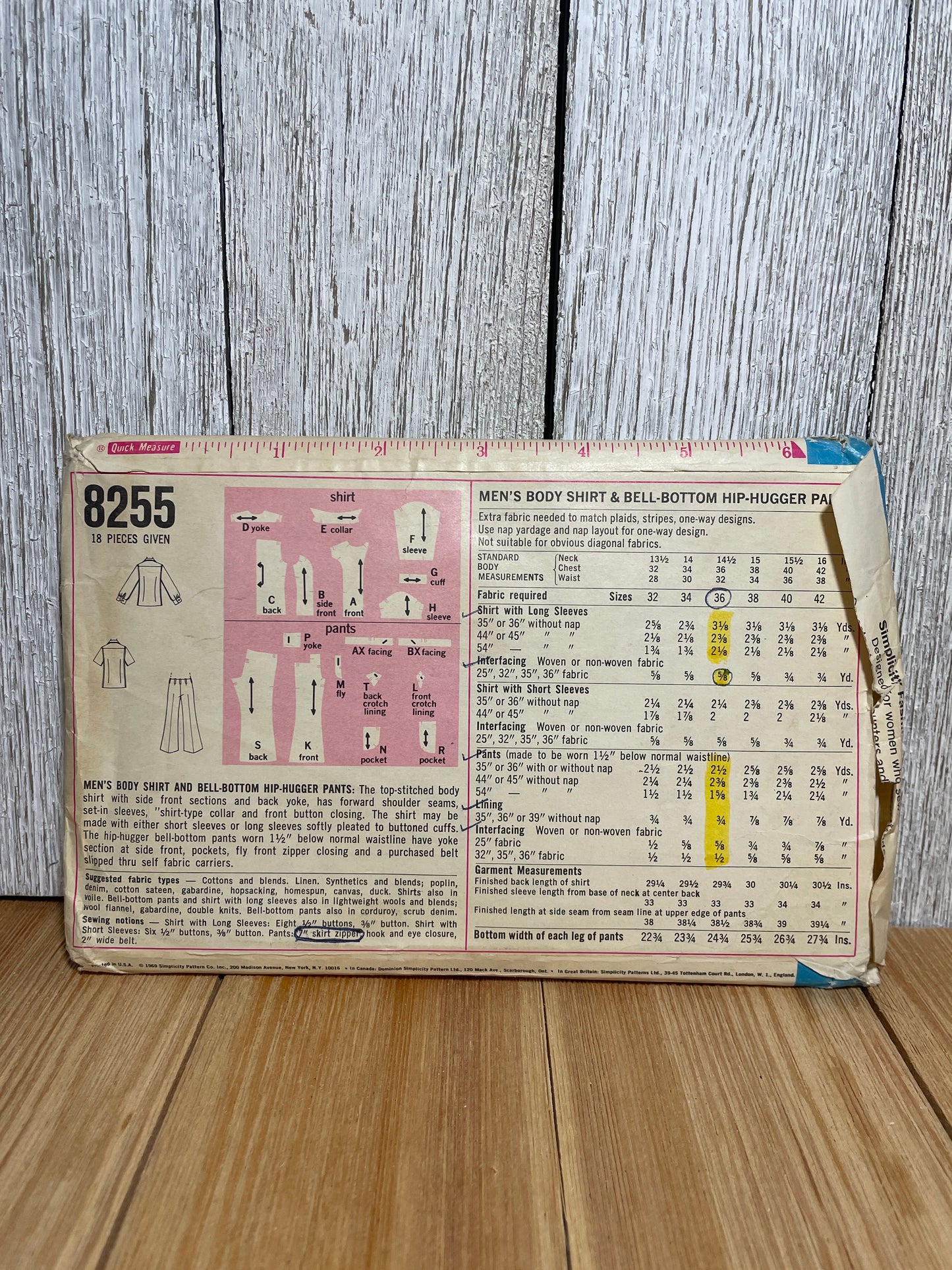 Simplicity 8255 Men's Body Shirt Bell Bottom Hip-Hugger Pants Pattern Size 36 UNCUT FF