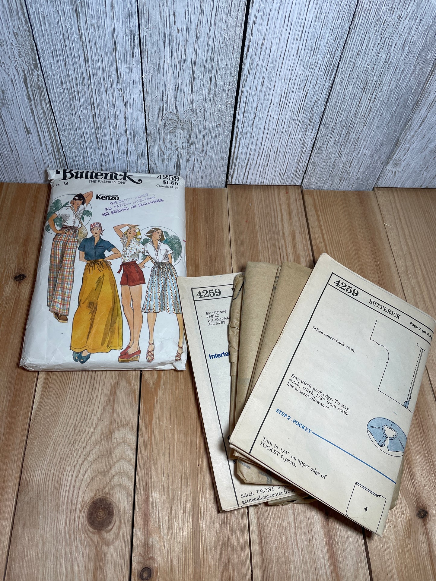 Butterick 4259 Tie Skirt, Panks, Shorts, Shirt Pattern Size 14 PreCUT Complete