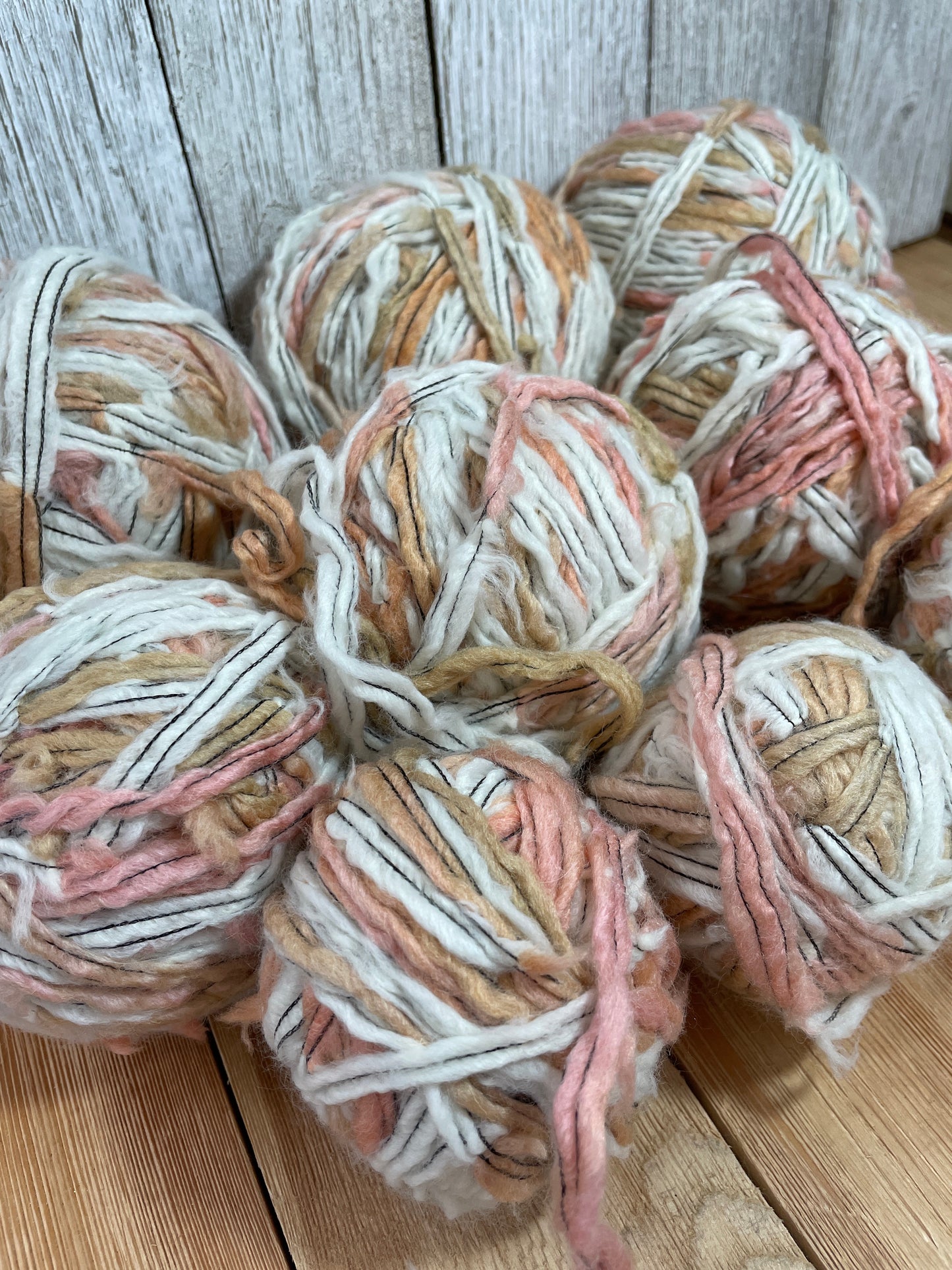 Mystery Bulky Yarn Pink White Tan with Contrasting Black Thread 9 Skein Bundle