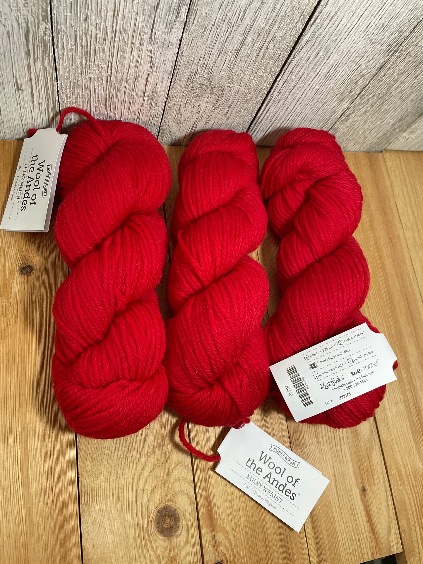 Knit Picks Superwash Wool of the Andes Bulk Weight Wool Yarn Red 26518 3 Skein Bundle