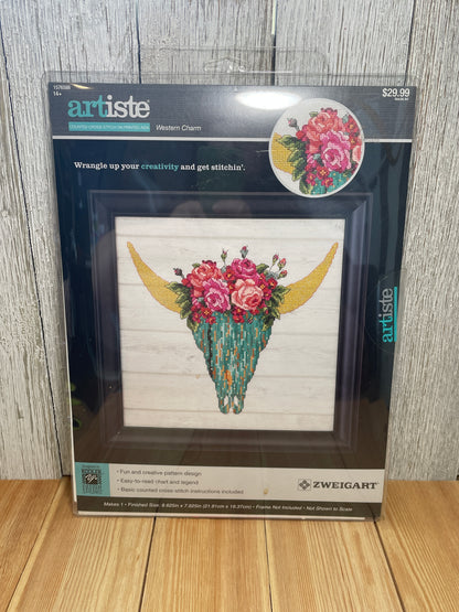 Artiste Western Charm Longhorn Skull with Flowers Cross Stitch Kit NEW UNOPEN