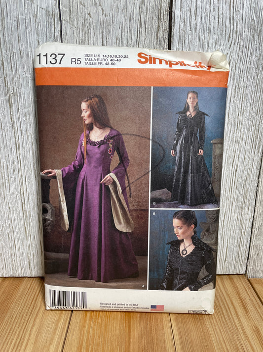 Simplicity 1137 Dragon Queen Medieval Fantasy Dress Bell Sleeves and Feather Collar Size 14-22 Pattern UNCUT FF Halloween Costume