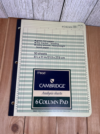 Mead Cambridge 6 Column Pad Analysis Sheets 47 Pages 8.5"x11" Green Tint Pages