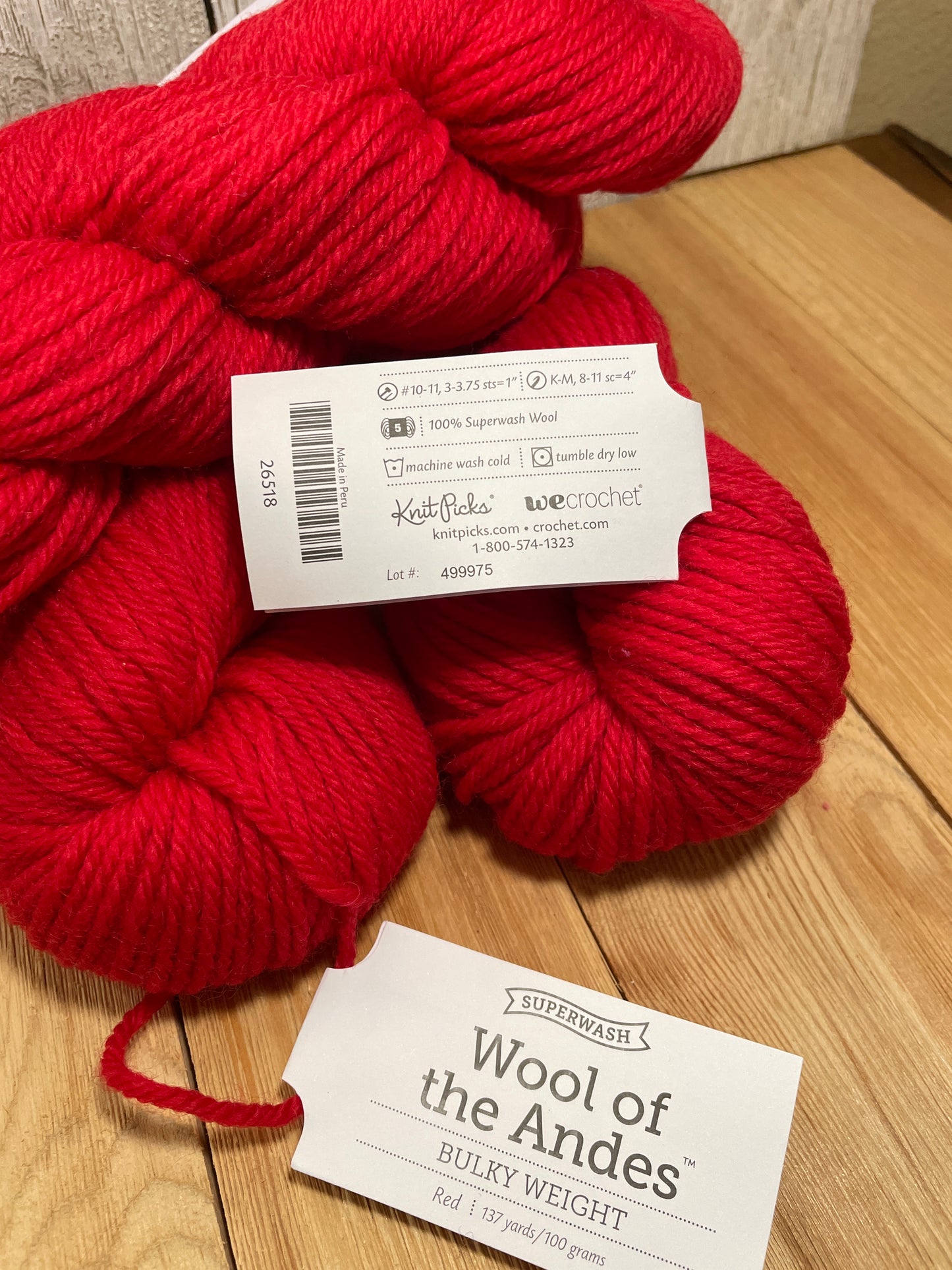 Knit Picks Superwash Wool of the Andes Bulk Weight Wool Yarn Red 26518 3 Skein Bundle