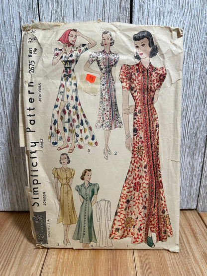 Simplicity 2675 1930's Beach House Dress WWII Size 32 Bust 35 Hip Original Pattern