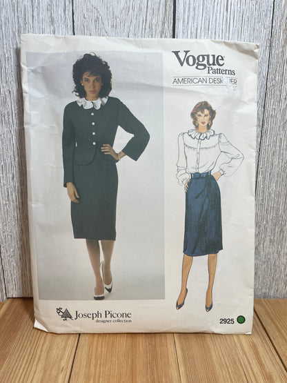 Vogue 2925 Jacket, Skirt, Blouse with Ruffled Collar Pattern Joseph Picone Size 14 UNCUT FF