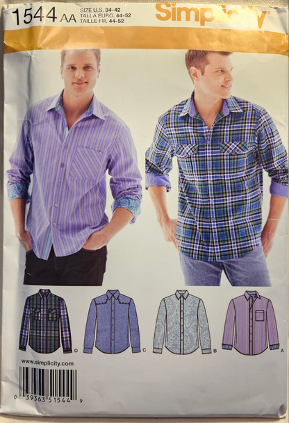 Simplicity #1544 AA men's shirt sizes 34-42 uncut ff sewing pattern