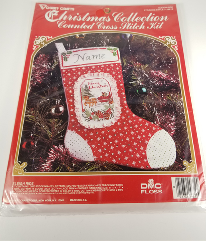 NOS Vintage Vogart Craft "Sleigh Ride" #2981B Christmas Stocking Counted Cross Stitch Kit DMC Floss Factory Sealed Unopened