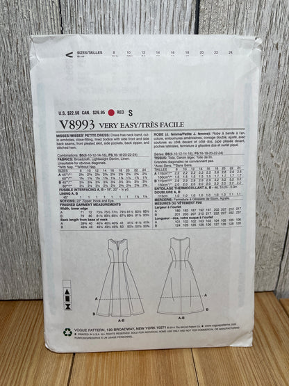 Vogue V8993 Misses Petite V Neck Pleated Dress Size 8-16 Uncut FF Sewing Pattern