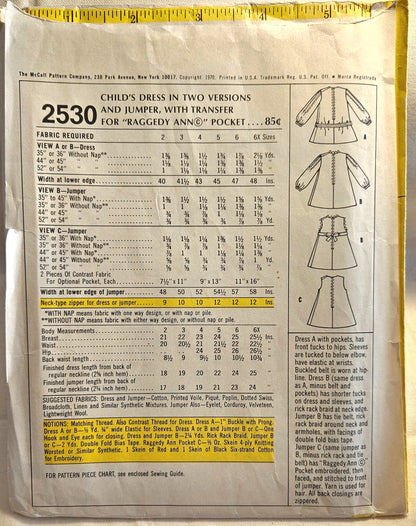 1970 McCall's #2530 girls dress size 4 uncut ff sewing pattern Raggedy Ann