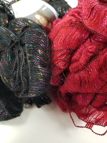 Red Heart Boutique ribbons sangria fireworks glitter sparkle ruffle yarn