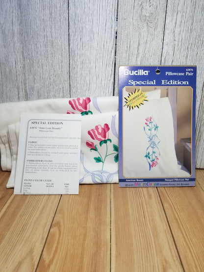 Bucilla Stamped Embroidery Kit 63876 "American Beauty" Pillowcase Pair Complete Kit