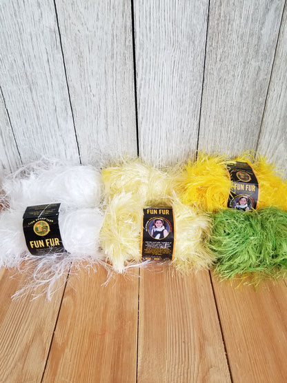 Lion Brand Fun Fur Yarn Solid Colors White soft yellow Bright yellow and green 6 skein bundle