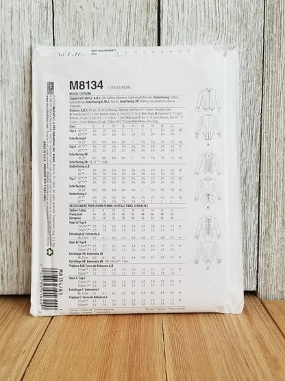 McCalls M8134 Victorian Shirt Close Fitting Button Front Basque Top Costume Halloween Pattern Size 6-14 UNCUT FF