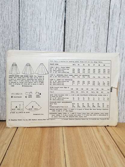 Simplicity 1086 Vintage Circle Skirt Pattern Waist 23.5" UNCUT FF