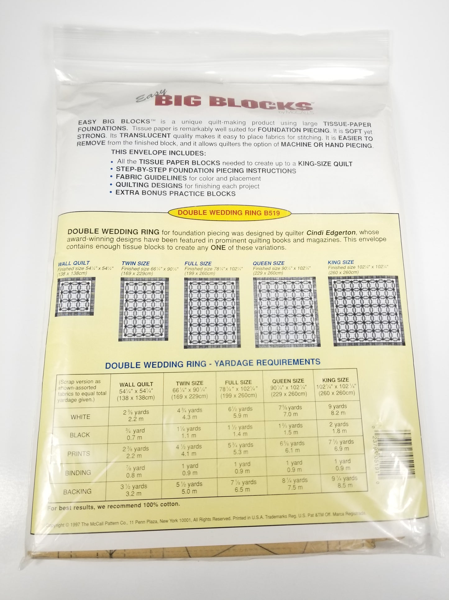 Easy Big Blocks B519 Tissue Paper Foundations 13" Blocks double Wedding Ring Quilt Pattern