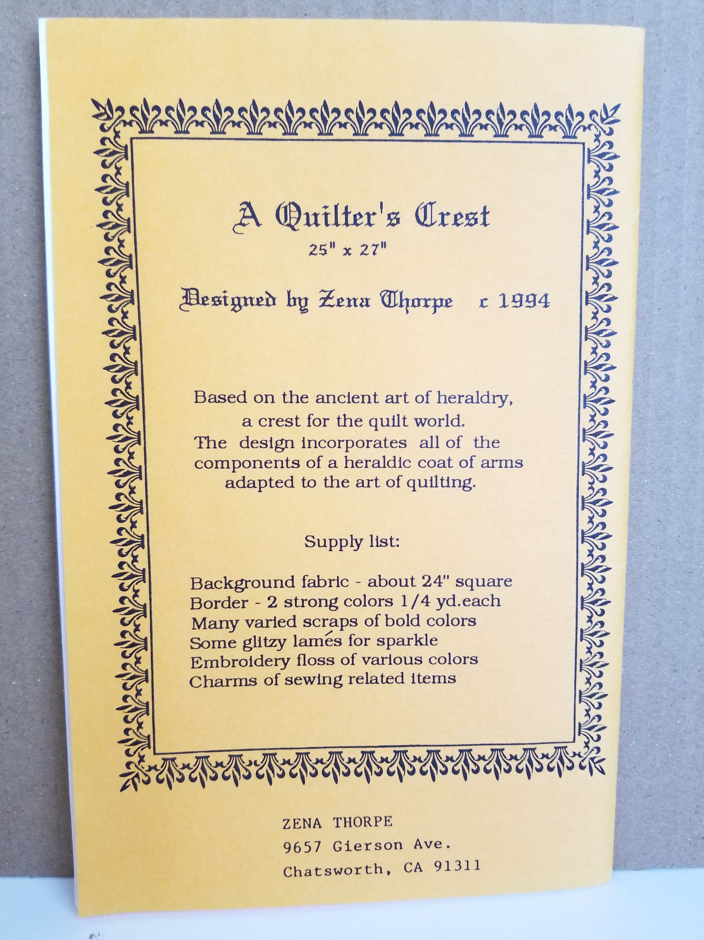 A Quilters Quest Quilt Pattern by Zena Thorpe 1994 - wall or lap quilt