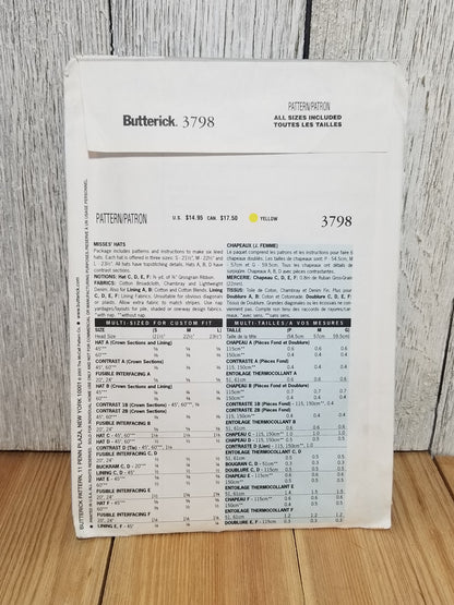 Butterick 3798 Misses Hats Floppy Bucket Brimmed Cloche Size Small-Large Uncut FF
