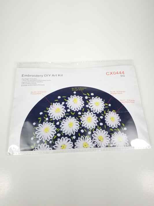 Embroidery Kit White Daisy On Dark Blue Fabric