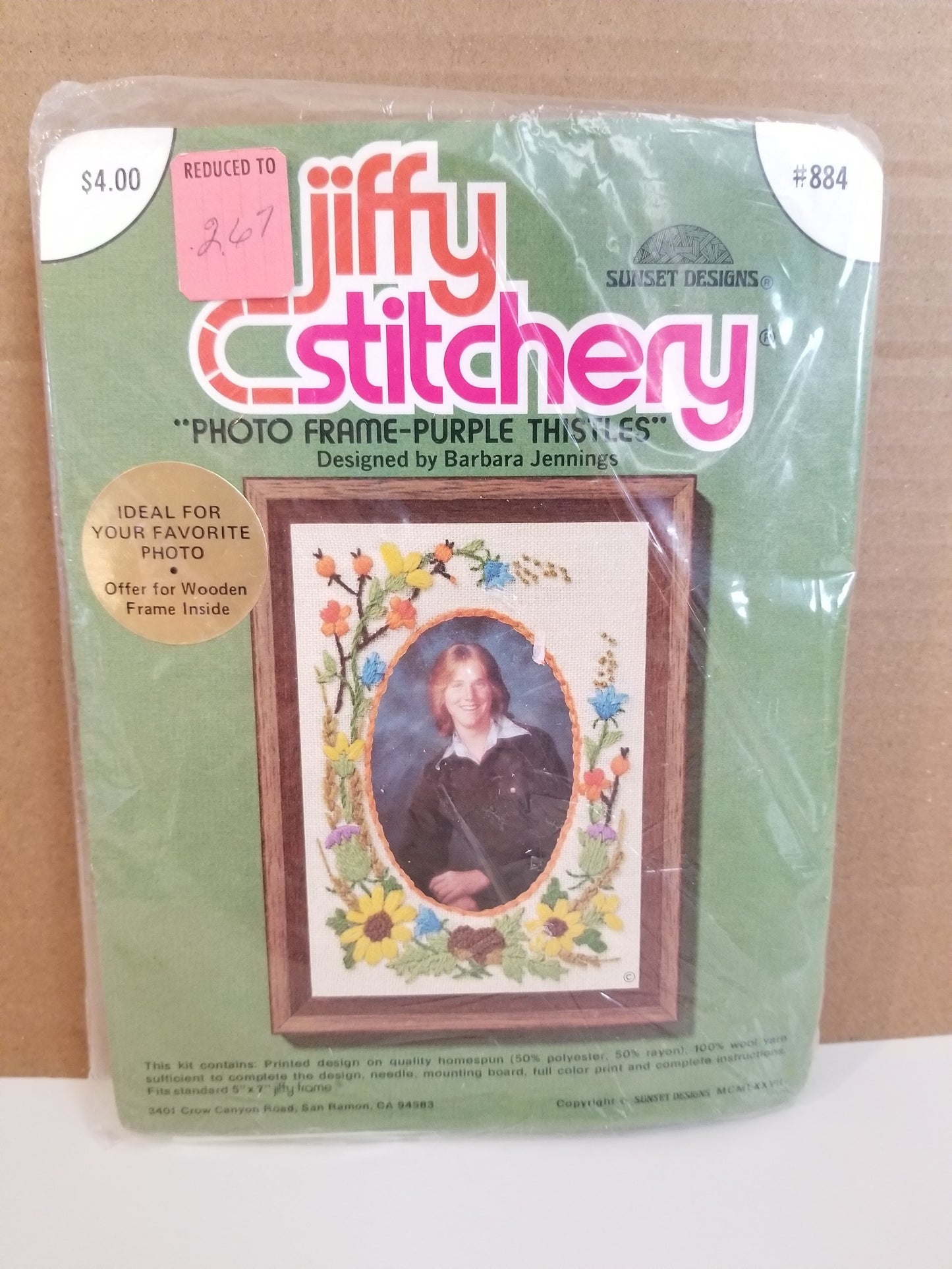 Jiffy Stitchery Photo Frame Yellow Daisies Purple Thistles Full Kit Unopened