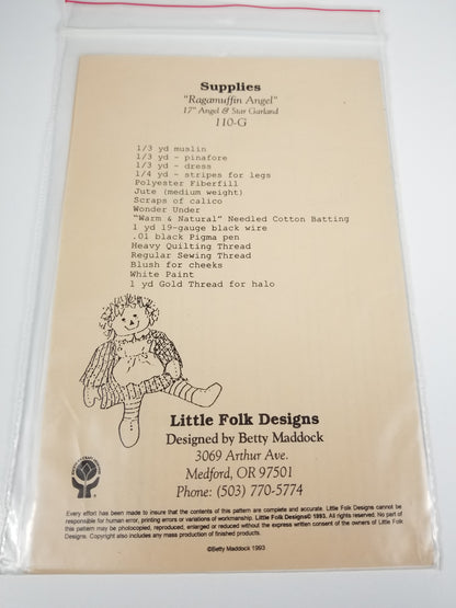 Little Folk Designs Ragamuffin Angel 17" Angel and Star Garland Sewing Pattern 110B