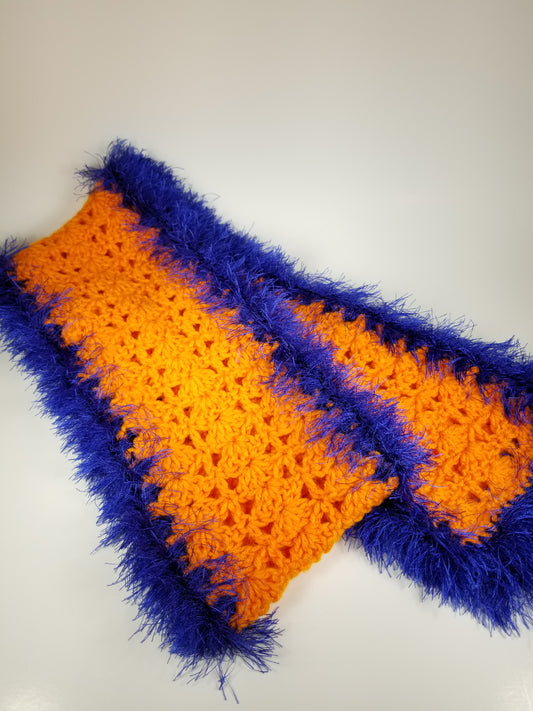 Handmade Orange Crochet Scarf With Purple fur Border Clemson Tigers Gift