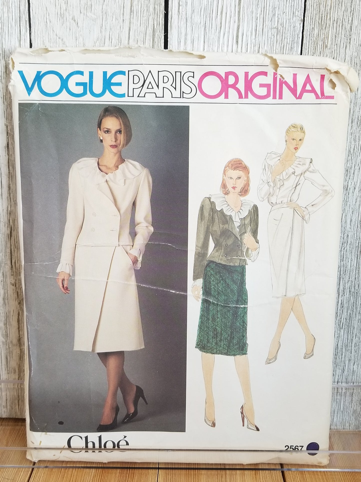 Vintage 80s Vogue 2567 Paris Original Designer Chloé Misses Top Skirt Jacket Suit Ruffle Collar Sewing Pattern Size 10 with original Label Uncut FF