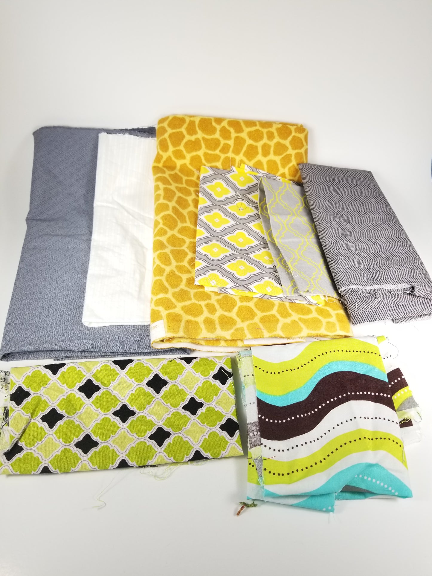 Yellow, grey, green print fabric bundle