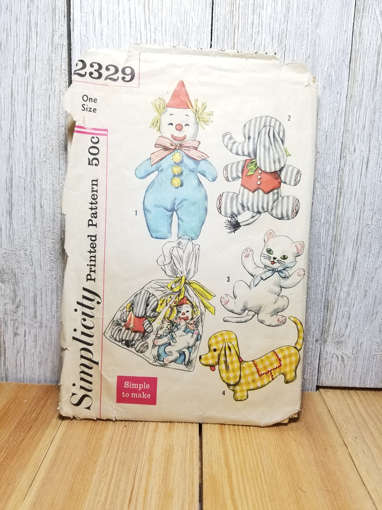 Simplicity 2329 Stuffed Toys Clown Animals Craft Vintage Sewing Pattern 1950s