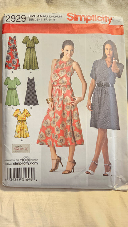 Simplicity #2929 misses/women's dress sizes AA 10-18 uncut ff sewing pattern