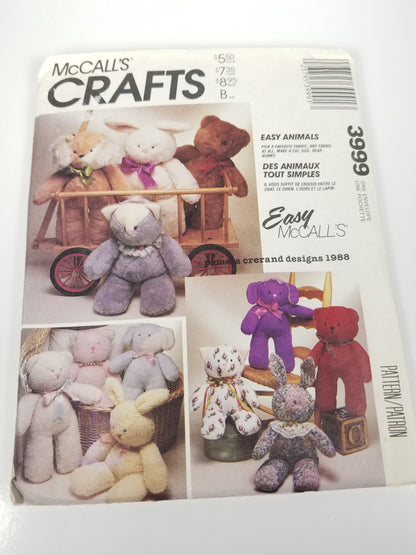 McCall's Crafts 3999 Stuffed Bear Rabbit Cat Dog Uncut Vintage 1988