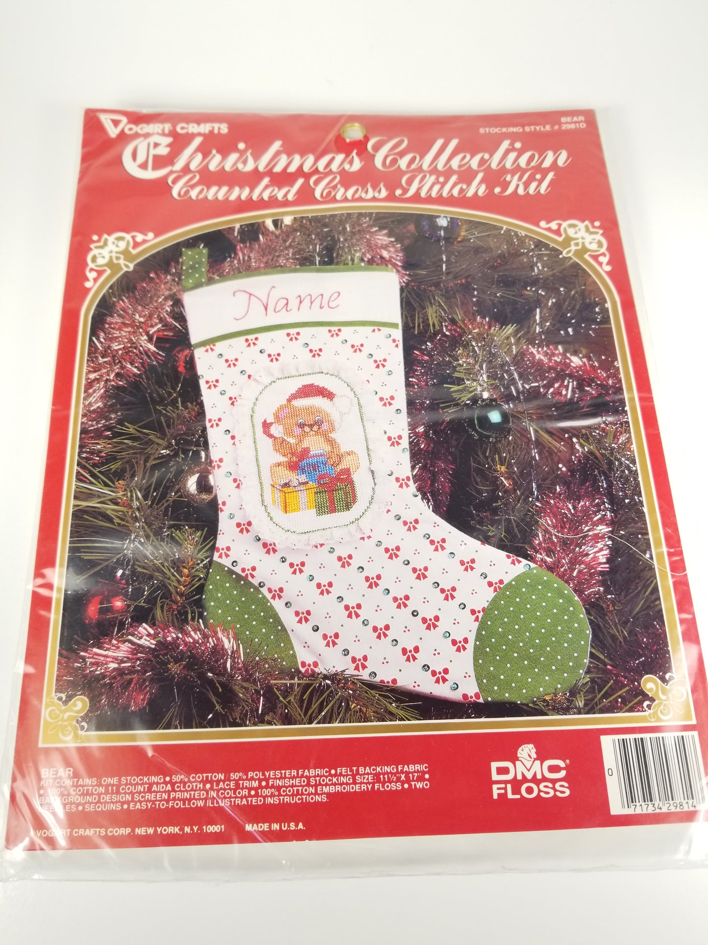 Vogart Crafts Christmas Collection Counted Cross stitch Kit Bear Stocking 2981D