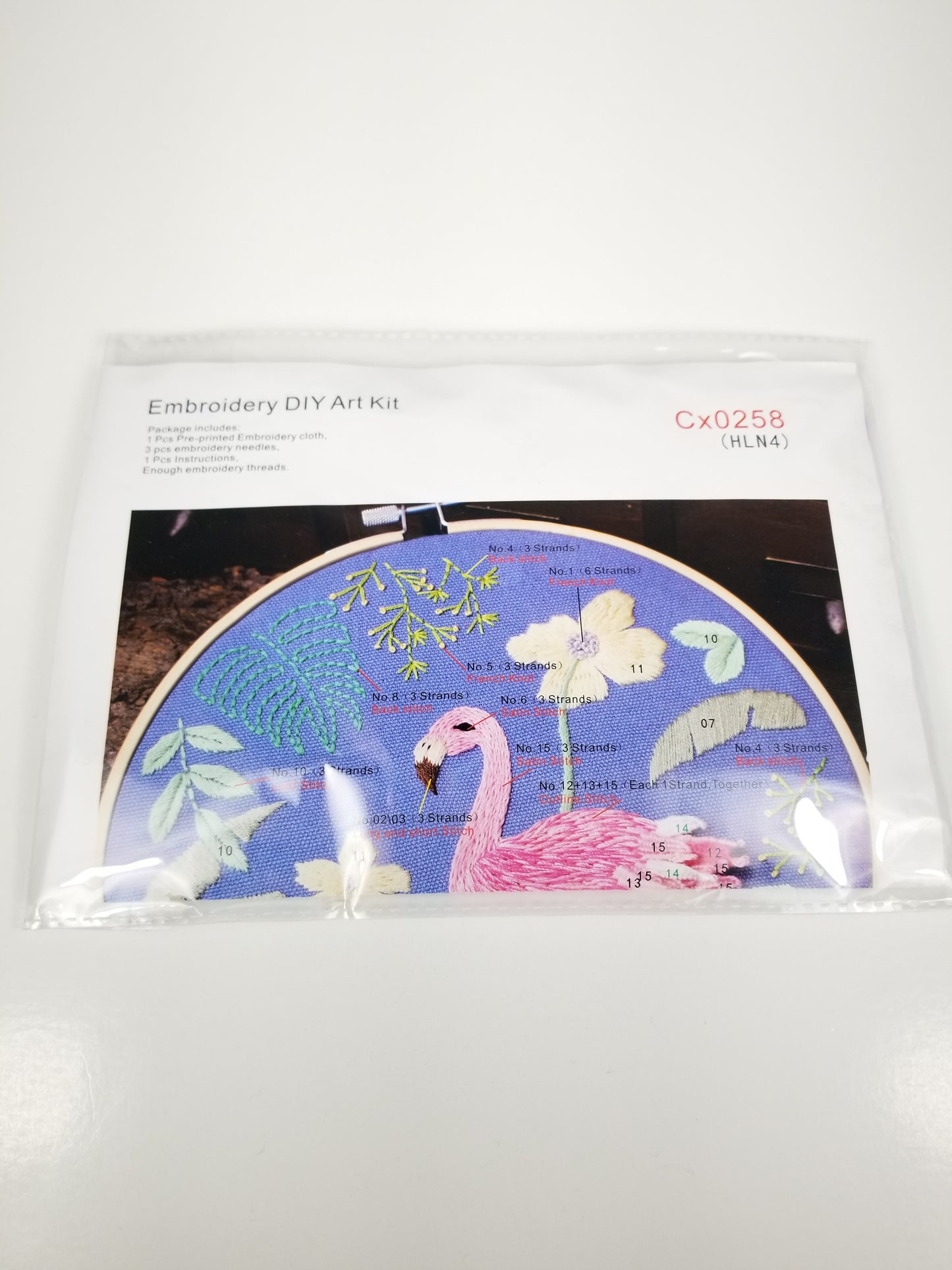 Embroidery Kit Pink Flamingo and Flowers On Blue Fabric